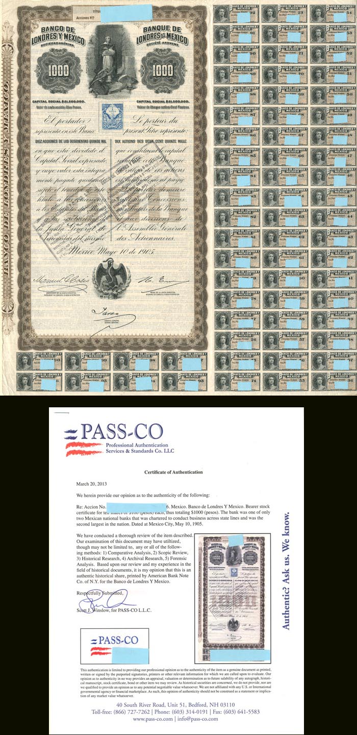 Queen Victoria $1,000 (Pesos) Banco De Londres Y Mexico - Stock Certificate
